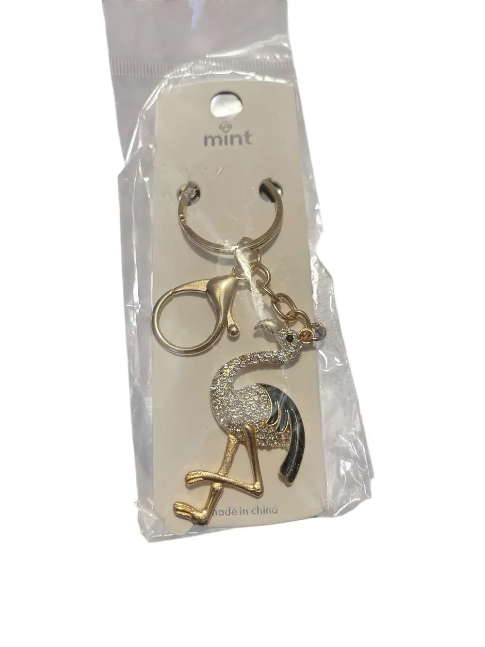 MINT FLAMINGO KEYCHAIN GOLD PLATED WITH SPARKLES WITH BLACK